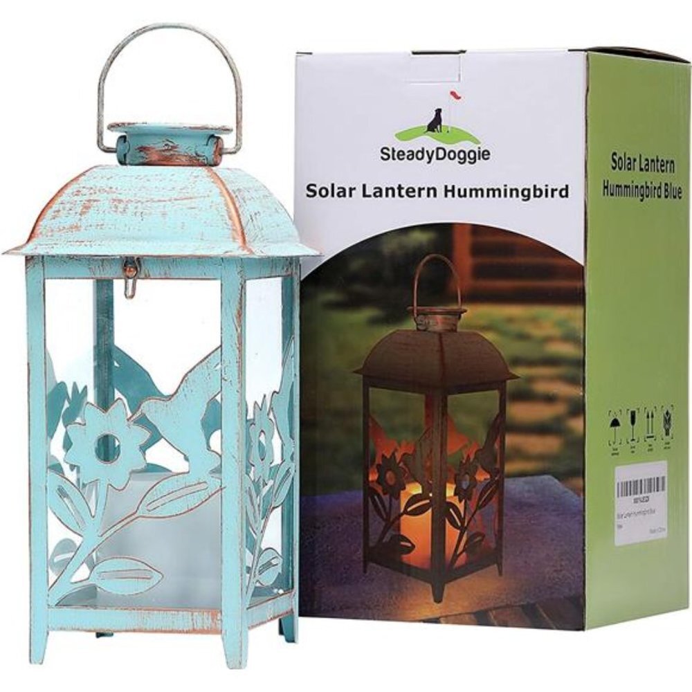 Solar Lantern Outdoor Hummingbird Blue Decor Antique Metal & Glass Construction
